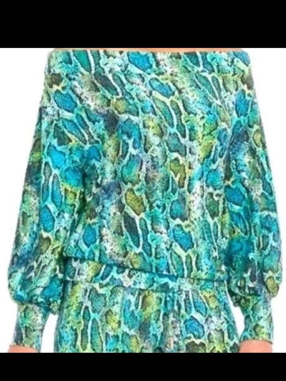 NWT Coldesina 2X Green Blue Snake Skin Off The Shoulder Puffy Sleeve Animal